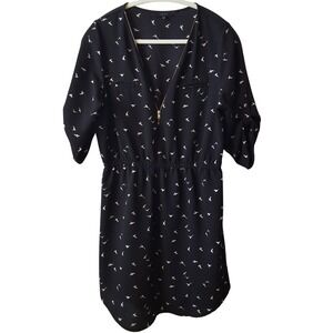 Iris X-Large Bird Print Zip Front Roll Tab Sleeve Dress Casual Lightweight Chic